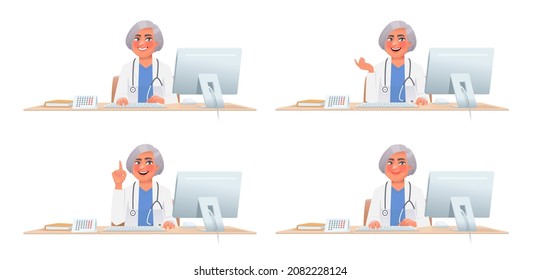 Woman doctor at desktop. Character for online consultation of a specialist doctor. Therapist at work. Collection of gestures. Vector illustration in cartoon style