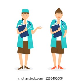 Woman doctor in different positions.  Hand in pocket and showing something.