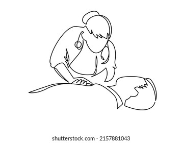 Woman doctor doing cardiac massage to patient minimalist continuous line vector illustration