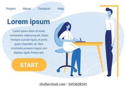 Woman Doctor Doing Medical Check up to Patient Flat Cartoon vector Illustration. Nurse Writing Mesurements Sitting at Table. Medical Examination Website. Man Standing and Checking Hight.