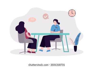 Woman at doctor for examination. Happy motherhood. Pregnant wife at female nurse's appointment. Mother waiting for baby. Lady wait for kid. Concept of check up prenatal period. Vector illustration