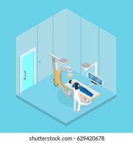 Woman doctor examines a man's body on a modern tomograph in a specialized medical room