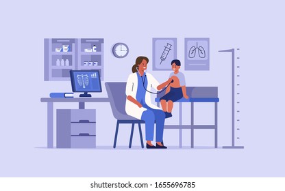 Woman Doctor Examining Little Boy in her Office by Stethoscope. Kid having Consultation with Doctor Pediatrician in Hospital. Medical People Characters. Flat Cartoon Vector Illustration.