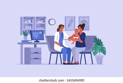 Frau Doktorin, die Little Boy in ihrem Büro von Stethoscope untersucht. Kinder, die sich mit Doktor Pädiatrie im Krankenhaus beraten. Charaktere medizinischer Personen. Illustration der flachen Cartoon-Vektorillustration.