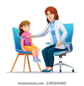 Woman doctor examining a little girl by stethoscope. Vector cartoon character illustration