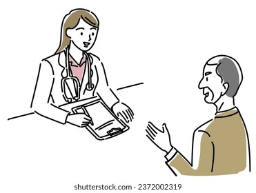 Woman doctor examining a man patient hand drawing illustration, vector