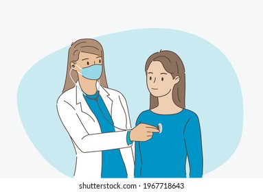 Woman doctor examining woman patient by stethoscope at clinic in healthcare and medical concept. Hand draw style. Vector illustration.