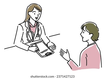 Woman doctor examining a woman patient hand drawing illustration, vector