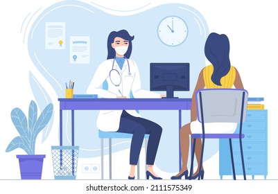 Woman Doctor in face mask conculting patient. Medcine, pandemic, lockdown therapy, health care, hospital workspace concept. Stock vector illustration in flat style isolated on white.