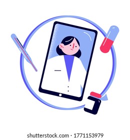 Woman doctor giving advice about pills and treatment to patient online