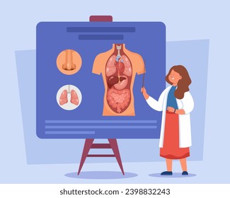 Woman doctor giving presentation or lecture on anatomy in medical university. Lungs and nose on projector screen. Vector illustration. Respiratory system, anatomy, health education concept