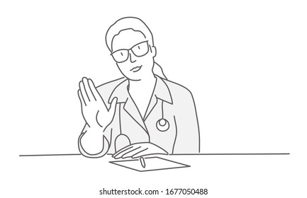 Woman doctor with glasses shows stop gesture. Line drawing vector illustration.