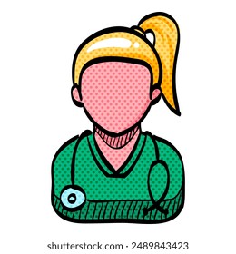 Woman doctor halftone icon hand drawn color vector illustration