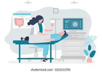 Woman doctor help patient with colonoscopy procedure in private clinic. Man client undergo rectum disease screening in hospital. Intestine diagnostic and healthcare. Flat vector illustration.