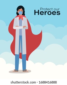 woman doctor hero with cape against 2019 ncov virus design of Covid 19 cov infection corona epidemic disease symptoms and medical theme Vector illustration