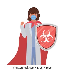 woman doctor hero with cape and shield against 2019 ncov virus design of Covid 19 cov infection disease symptoms and medical theme Vector illustration