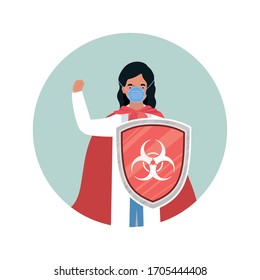 woman doctor hero with cape and shield against 2019 ncov virus design of Covid 19 cov infection disease symptoms and medical theme Vector illustration