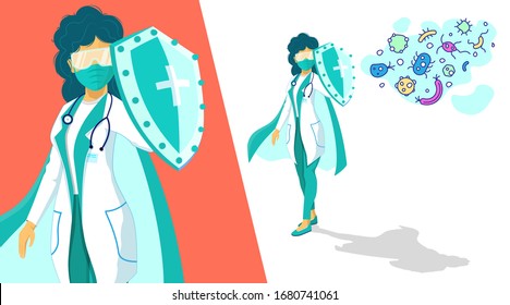 Woman doctor hero with mask, protection glasses, shield and cape fighting corona virus symptoms. Female nurse hero flat illustration. Doctor wearing mask fighting COVID-19 vector art. Anti virus.