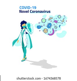 Woman doctor hero with mask, shield and cape fighting Corona virus symptoms. Female nurse hero with shield. Doctor wearing mask fighting COVID-19 symptoms concept. Anti virus.