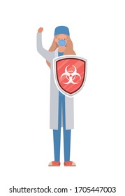 woman doctor hero with shield against 2019 ncov virus design of Covid 19 cov infection disease symptoms and medical theme Vector illustration