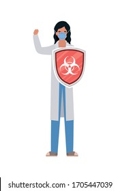 woman doctor hero with shield against 2019 ncov virus design of Covid 19 cov infection disease symptoms and medical theme Vector illustration