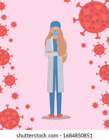 woman doctor hero with uniform mask and 2019 ncov virus design of Covid 19 cov infection corona epidemic disease symptoms and medical theme Vector illustration