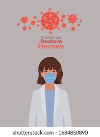 woman doctor hero with uniform mask and 2019 ncov virus design of Covid 19 cov infection corona epidemic disease symptoms and medical theme Vector illustration