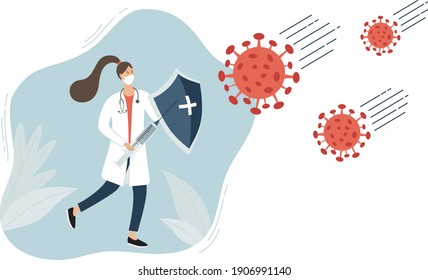 Héroe de la doctora con máscaras protectoras de Covid-19 y luchando contra el Coronavirus. Concepto de vacunación. Mujer con escudo y jeringa con vacuna. Ilustración vectorial para banner, afiche, volante.