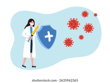 Woman Doctor hero wearing protective mask and fighting virus. Vaccination concept. Female with shield and syringe with vaccine.