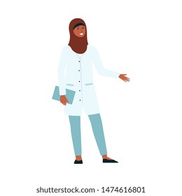 Woman doctor with hijab in medical uniform. Female cartoon character with Muslim head scarf and hospital scrubs smiling, isolated flat hand drawn vector illustration on white background