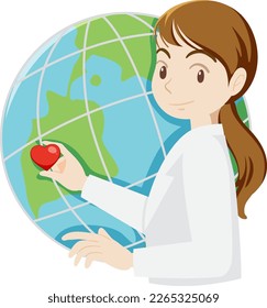 Woman doctor holding mini heart ob globe background illustration