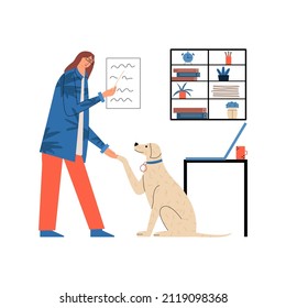 Woman doctor holding the paw of a labrador. Psychological and therapeutic help to the dog. Vet clinic for animals. Vector illustration in flat style