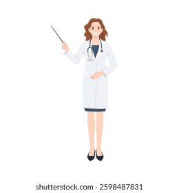 Woman doctor holding a pointer, indicating she is giving a medical presentation or explanation. Flat vector illustration isolated on white background