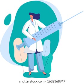 Woman doctor holding syringe with medication, female characters concept and flat vector illustration on white background. Medical staff stand with disposable syringe, web banner, poster.