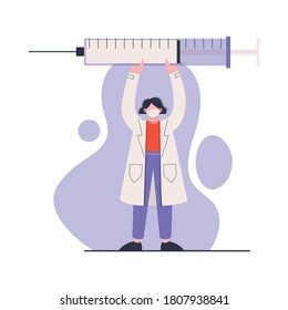 Woman doctor holds large syringe with vaccine. Doctor prevents epidemic. Vaccination concept. Flat vector illustration.