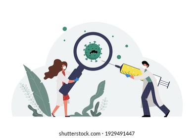 A woman doctor holds a magnifying glass. They found a coronavirus. Male doctor carries a syringe with a vaccine to kill the virus. 