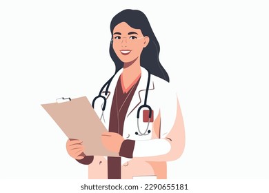 la doctora tiene un registro médico y sonrisa en un fondo blanco, ilustración plana vectorial, concepto médico, с de salud son с concepto