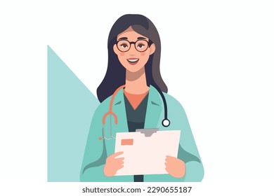 woman doctor holds a medical record and smile on a white background, vector flat illustration, Medical concept, Health сare сoncept