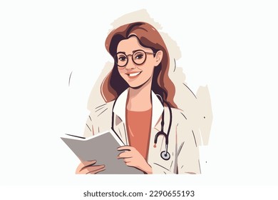 woman doctor holds a medical record and smile on a white background, vector flat illustration, Medical concept, Health сare сoncept