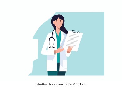 woman doctor holds a medical record and smile on a white background, vector flat illustration, Medical concept, Health сare сoncept