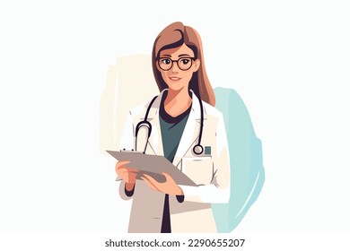 woman doctor holds a medical record and smile on a white background, vector flat illustration, Medical concept, Health сare сoncept