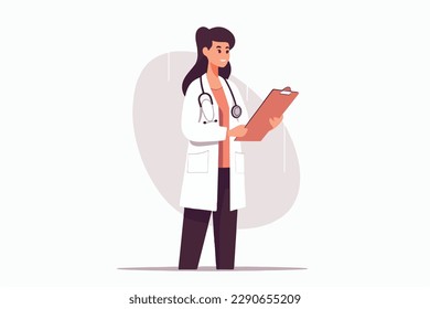 woman doctor holds a medical record and smile on a white background, vector flat illustration, Medical concept, Health сare сoncept