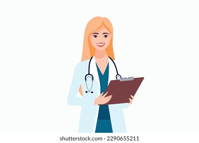 woman doctor holds a medical record and smile on a white background, vector flat illustration, Medical concept, Health сare сoncept