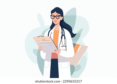 woman doctor holds a medical record and smile on a white background, vector flat illustration, Medical concept, Health сare сoncept