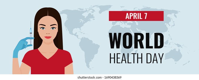 Woman doctor holds a syringe with a vaccine and the text "April 7, World Health day". The concept of announcing world health day. Horizontal banner for web design. Vector Stock Flat Illustration.