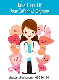 Woman Doctor With Human Internal Organs, Cartoon Characters Set, Physiology, Structure, Medical Profession, Morphology, Healthy