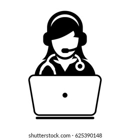 Woman Doctor Icon - Flat Vector, Person Avatar Symbol With Laptop and Wearing Headset for On-line Consultation for Advice and Support Service for Patient in Glyph Pictogram illustration