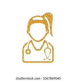 Woman doctor icon in gold glitter texture. Sparkle luxury style vector illustration.