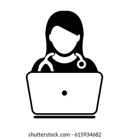 Woman Doctor Icon With Laptop Computer Avatar for Online Consultation of Live Chat Advice for Patient In Vector Glyph Pictogram illustration