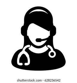 Woman Doctor Icon Symbol With On-line Support Wearing Headphone For Contacting Physician Consultation Specialist Avatar In Glyph Pictogram Vector illustration